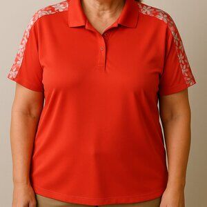 Women’s Red Polo Shirt with Patterned Sleeves – Activewear Golf Top